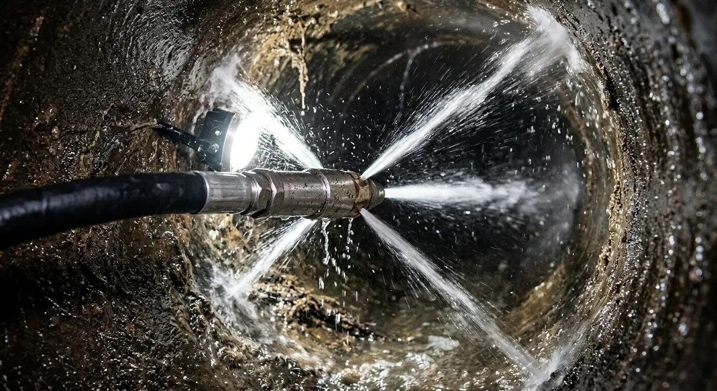 High-pressure hydro jetting nozzle cleaning sewer pipe for Sewer Cleanout in Maryville