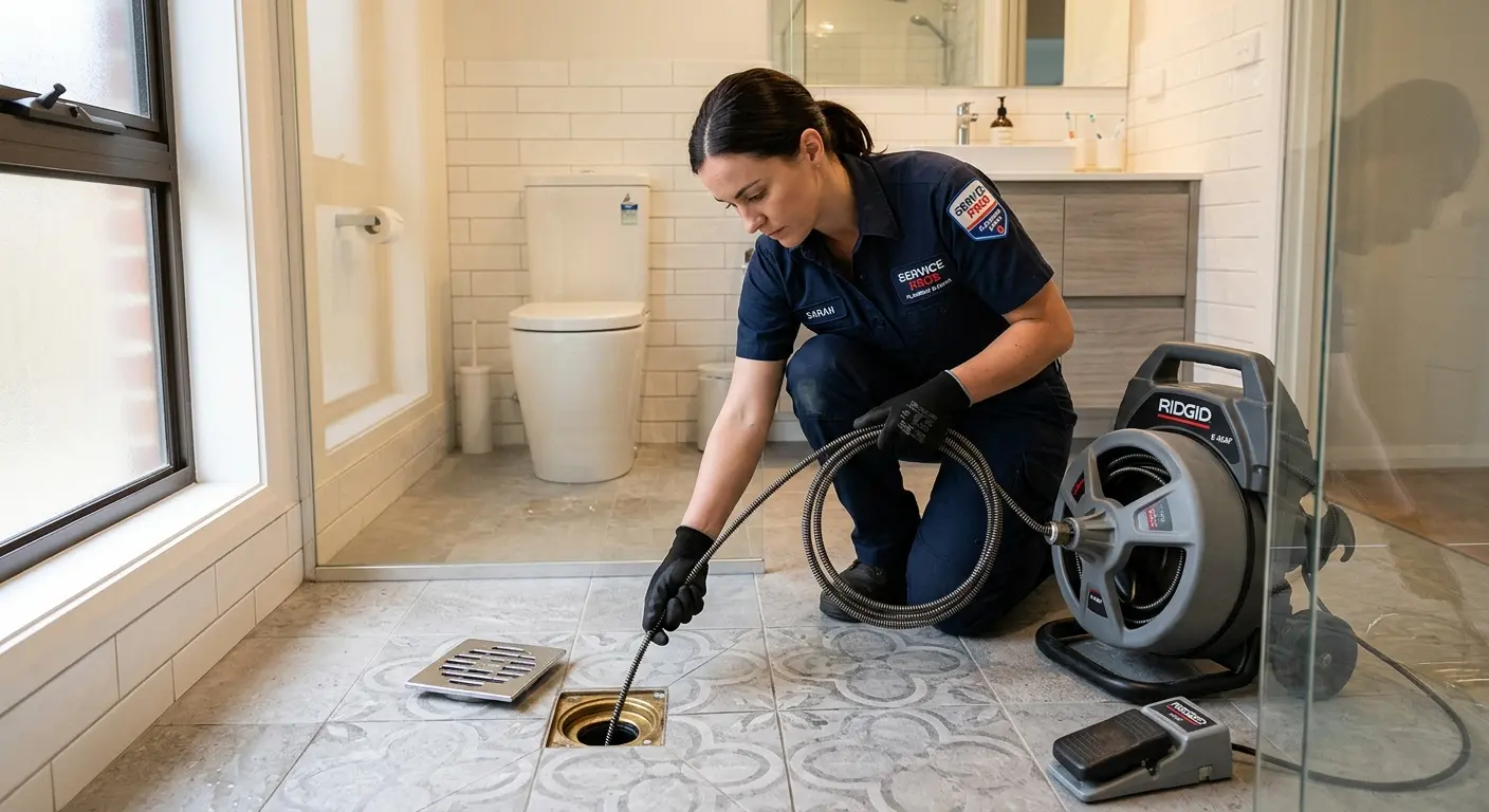 Technician clearing a bathroom floor drain for Drain Cleaning in Maryville